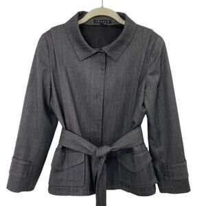 Theory Wool Belted Blazer Jacket Snap Front Collared Dark Gray Taran Runway 10